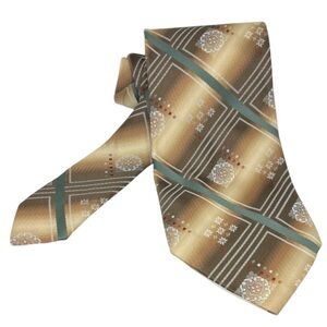 Lord Copley Woven Plaid Floral Tan Olive Polyester Vintage Men’s Necktie